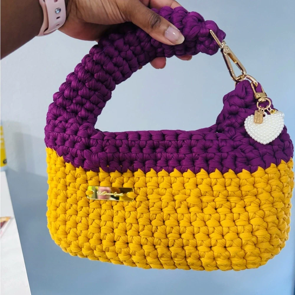 103-Handmade Two-Tone Crochet Bag in Purple and Mustard - Picture 4 of 7